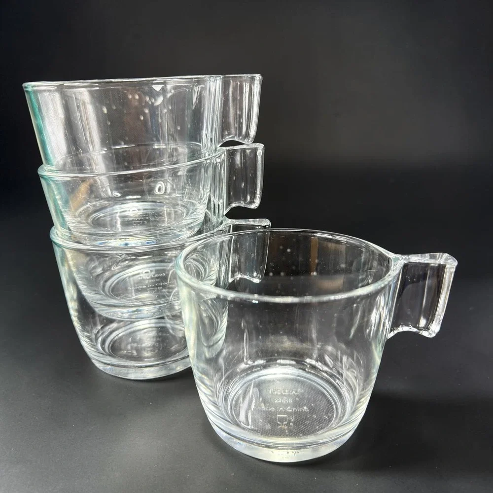 IKEA Clear Glass Coffee Mugs Set of 4 Stackable Square Handle 22648 2.75in Tall